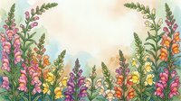Watercolor snapdragon flowers in pink, purple, orange and yellow forming a natural arch frame with soft pastel background and copy space.