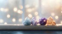 Raw healing crystals on wooden surface with soft bokeh lights background, spiritual wellness concept for meditation and alternative therapy practices.