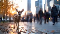 Young spotted deer standing on urban pathway with fallen autumn leaves at sunset, city skyline and blurred people walking in background, wildlife in metropolis.