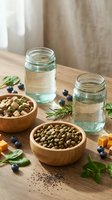 Wooden bowls filled with legumes and berries arranged with fresh herbs, water glasses, and scattered produce on wooden surface for healthy eating and nutrition concepts.