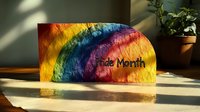 Vibrant rainbow watercolor semicircle with text on textured paper casting soft shadows, photographed in natural sunlight with potted plant in background.