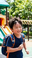Happy Asian elementary school boy with backpack running at playground during sunny day for back to school and childhood concepts.