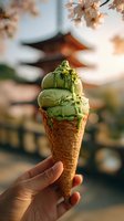 Matcha green tea ice cream cone held against blurred Japanese temple background with cherry blossoms, capturing cultural food experience in spring.