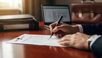Professional businessman signing legal contract document at wooden desk with laptop and briefcase in modern office setting for business agreements.
