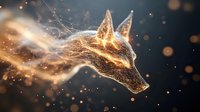 Glowing fox head with golden particles and light trails dispersing into dark background, suitable for fantasy, gaming, and mystical design projects.