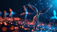 Wind turbine with glowing digital network connections against dark background with blue bokeh lights and technology elements creating futuristic renewable energy concept.