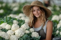 Young Caucasian woman in straw hat smiling while harvesting fresh cauliflower in field, representing organic farming and sustainable agriculture.