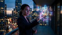 Professional businesswoman interacting with futuristic holographic interface displaying data analytics in modern city office at night.