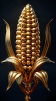Golden metallic corn cob with shiny kernels and elegant leaves against dark background, luxury agricultural symbol representing harvest abundance and prosperity.