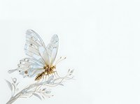 Delicate white butterfly with spotted wings perched on thin botanical branch with leaves, isolated on light background for design and illustration projects.