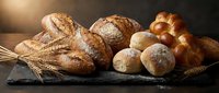 Assorted fresh baked bread loaves and rolls with wheat stalks on dark slate surface, warm studio lighting, bakery products for food and culinary use.