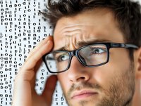Young man with eyeglasses experiencing eye strain headache with vision test chart background for optometry and healthcare concepts.