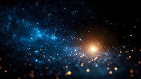 Cosmic space background with bright star and blue nebula clouds scattered with glowing particles and stellar dust creating mystical universe atmosphere.