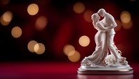 White porcelain figurine of romantic couple dancing on burgundy background with golden bokeh lights creating dreamy atmosphere for wedding decoration.