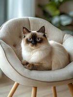 Siamese cat with striking blue eyes relaxing in a beige modern chair, creating a cozy home atmosphere for pet and lifestyle content.