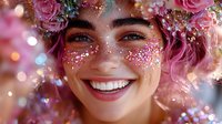 Young woman with bright smile wearing pink flower crown and face glitter makeup in magical fantasy style portrait with bokeh light effects and dreamy atmosphere.