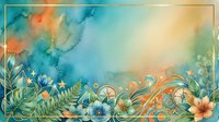 Watercolor tropical floral frame with teal, gold, and orange tones, lush botanical elements, and golden border for cards, invitations, and backgrounds.