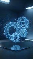Digital holographic gears with business icons floating above tablet screen in futuristic blue tech environment for automation and innovation concepts.