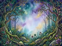 Enchanted forest clearing with gnarled trees framing magical glowing sky, mystical woodland scene with ethereal light and fantasy atmosphere for fantasy art, book illustrations, and creative design projects.