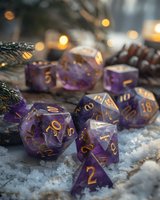 Purple translucent gaming dice with gold numbers arranged on snowy surface with pine branches and glowing bokeh lights creating magical winter atmosphere.