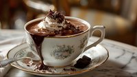 Creamy hot chocolate topped with whipped cream and chocolate shavings in vintage porcelain teacup on marble table, cozy cafe setting.