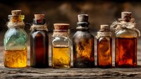 Vintage glass bottles with cork stoppers containing colorful liquids and herbs on rustic wooden surface for apothecary, alchemy, and magical potion concepts.