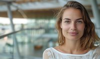 Young Caucasian woman with natural makeup and brown hair wearing white lace top smiles confidently at camera in modern office setting with blurred background.