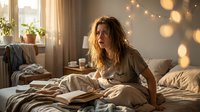 Woman with long brown hair reading book in cozy bedroom with warm golden bokeh lights, comfortable bedding, and natural window light for relaxation and lifestyle content.