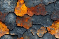 Cracked and peeling paint texture with orange rust showing through dark gray surface, creating abstract pattern of decay and weathering. For background design.