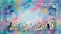 Watercolor floral frame with colorful abstract background featuring botanical elements and decorative border for wedding invitations and greeting cards.