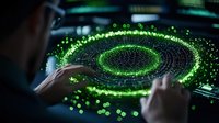 Futuristic holographic interface with glowing green circular pattern floating above hands. Digital technology visualization shows interactive spiral data display.