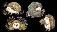 Cute hedgehog characters with colorful foliage and mushrooms, isolated on transparent background. Ready for t-shirt designs, clipart, stickers, sublimation, and print-on-demand products.