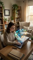 Young Caucasian woman working on laptop with holographic digital icons in cozy home office with plants and bookshelves for remote work and technology concepts.