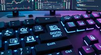Digital audit keyboard key with financial charts on monitors in background for cybersecurity compliance and data analysis in modern office environment.