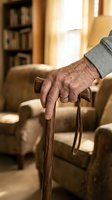 Senior man's weathered hand gripping wooden walking cane in cozy home interior with warm lighting and bookshelf background for healthcare concepts.