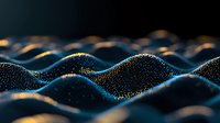 Glowing digital waves with golden particles on dark background create futuristic technology landscape. Abstract network visualization concept.