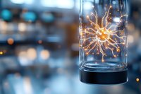 Glowing sun-shaped light decoration in glass container with warm yellow illumination against blurred blue bokeh background creates magical atmosphere.