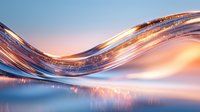 Flowing liquid wave with golden light and sparkles creates abstract curved lines against pastel sunset sky background, reflecting on smooth surface.