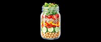 Layered salad jar with fresh vegetables, chickpeas, and greens isolated on transparent background. Ready for clipart, print-on-demand, t-shirt design, stickers, and sublimation projects.