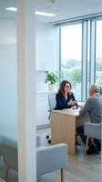 Professional businesswoman consulting with senior male client in modern office meeting room with large windows and city view.