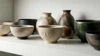 Handmade ceramic bowls and vessels with rustic glazes and natural textures arranged on white surface, suitable for home decor, pottery, and artisan product photography.