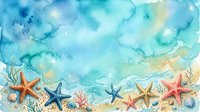 Watercolor beach border with colorful starfish, seashells, and coral on sandy shore with turquoise ocean background, copy space for text.