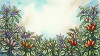 Botanical watercolor illustration featuring vibrant chili peppers and flowering plants with detailed foliage, suitable for culinary designs and garden-themed projects.