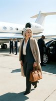 Mature woman in business attire walking on airport tarmac with private jet and luxury car in background, suitable for corporate travel and executive lifestyle concepts.