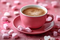Hot chocolate in pink cup with saucer surrounded by heart-shaped marshmallows on pink surface. Suitable for Valentine's Day, love, romance, and beverage marketing campaigns.