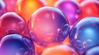 Vibrant multicolored glass spheres with reflective surfaces creating abstract background pattern in pink, purple, orange and blue tones. Macro photography style composition.
