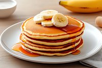 Stack of fluffy homemade pancakes topped with fresh banana slices and maple syrup on white plate, close up view against light wooden background.