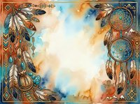 Boho dreamcatcher frame with feathers and geometric patterns in watercolor style, featuring warm orange and cool blue tones with central space for text or design overlay.