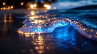 Luminous ocean wave at twilight with glowing bokeh lights reflecting on dark water surface creating magical evening seascape atmosphere.