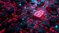 Digital security concept with glowing red padlock icon on circuit board, perfect for cybersecurity, data protection, and technology innovation themes in business presentations.